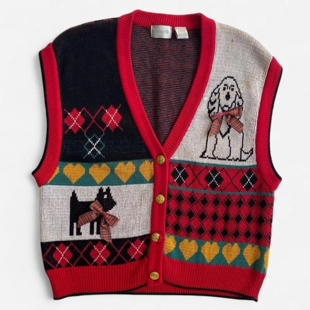 Vintage red argyle puppy dog knit vest